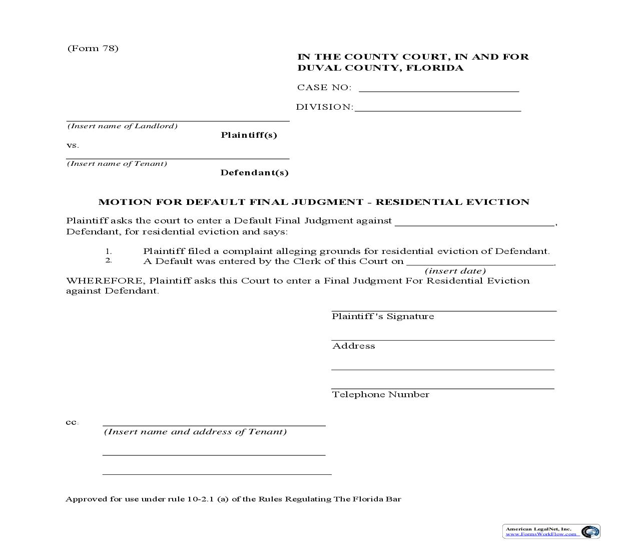 Motion For Default Final Judgment - Residential Eviction {78} | Pdf Fpdf Doc Docx | Florida