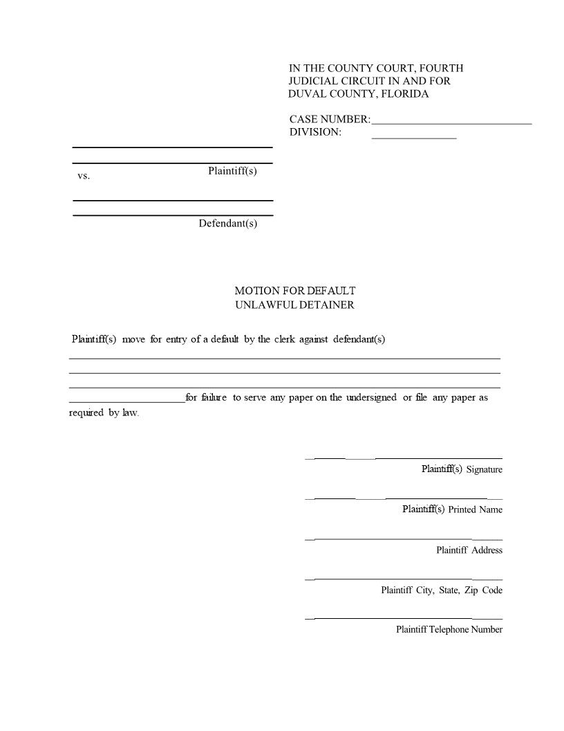Motion For Default Unlawful Detainer | Pdf Fpdf Docx | Florida