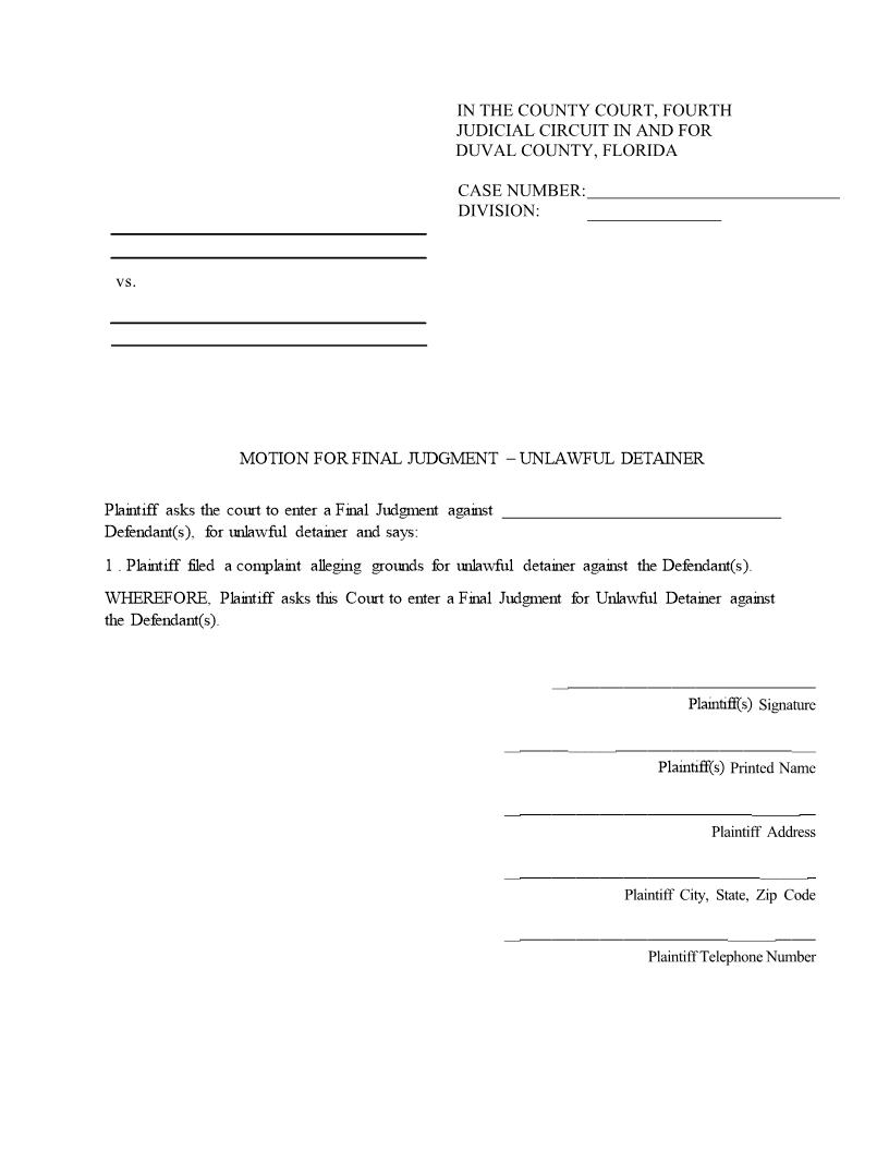 Motion For Final Judgment - Unlawful Detainer | Pdf Fpdf Docx | Florida