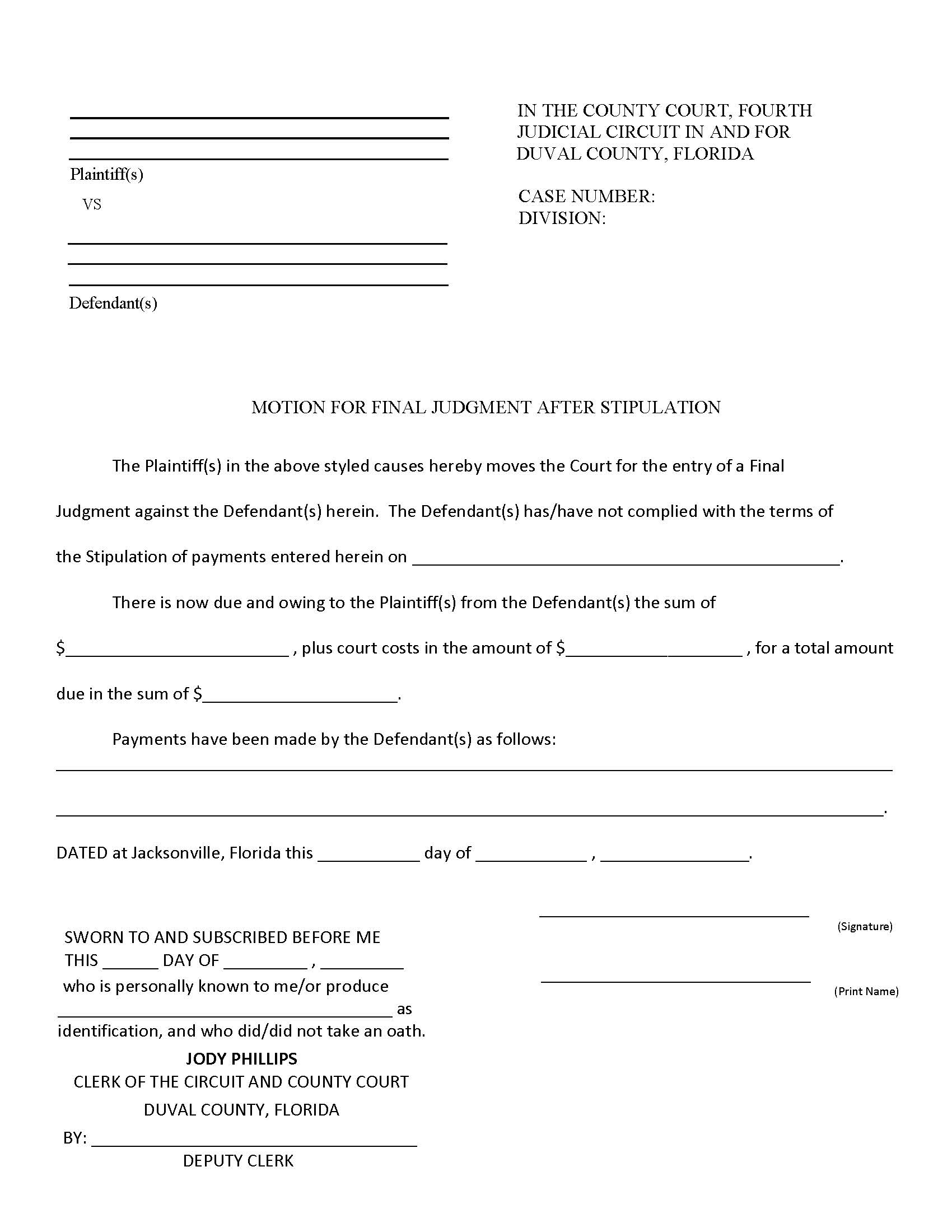 Motion For Final Judgment After Stipulation | Pdf Fpdf Doc Docx | Florida