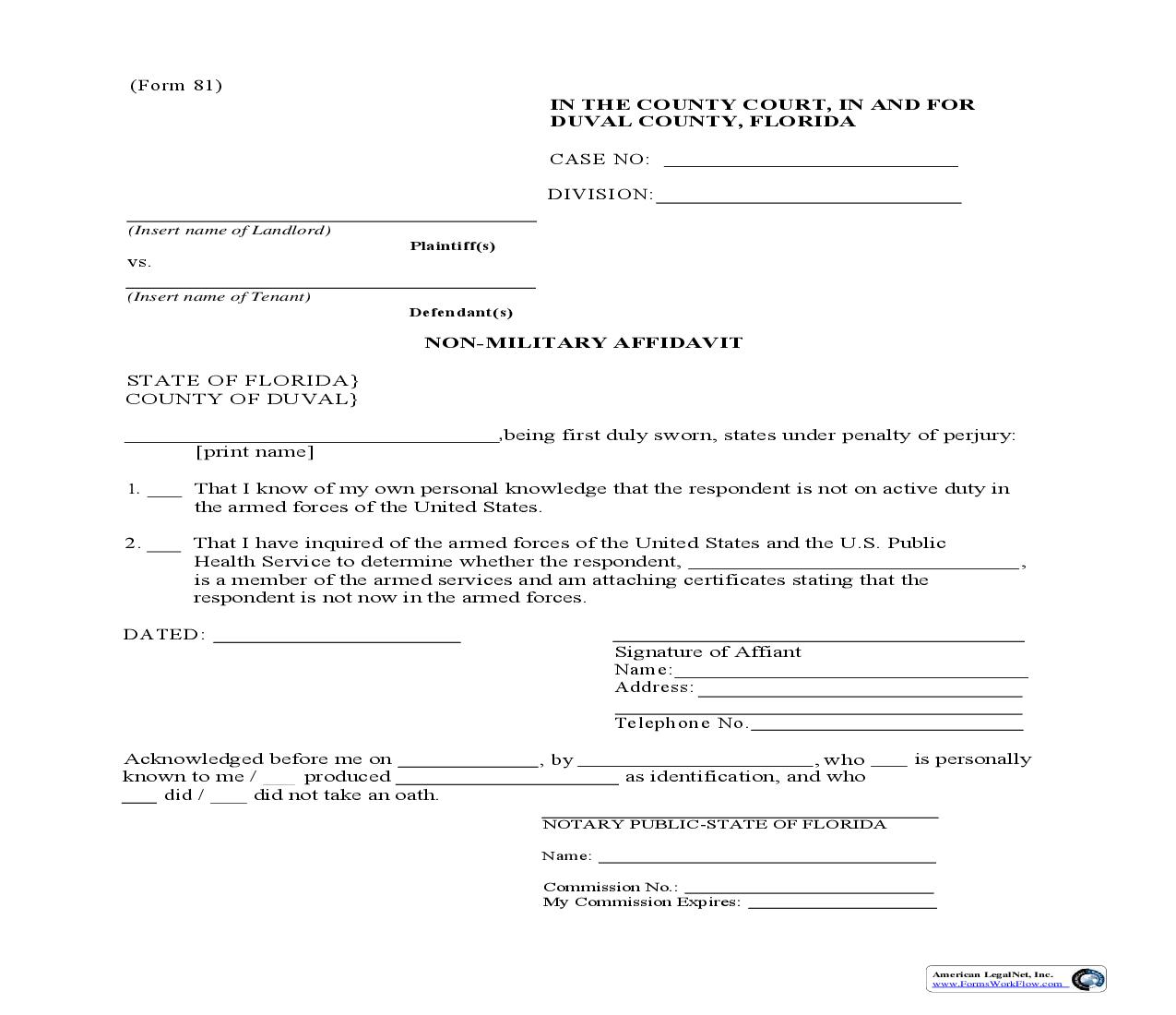 Non-Military Affidavit {81} | Pdf Fpdf Doc Docx | Florida