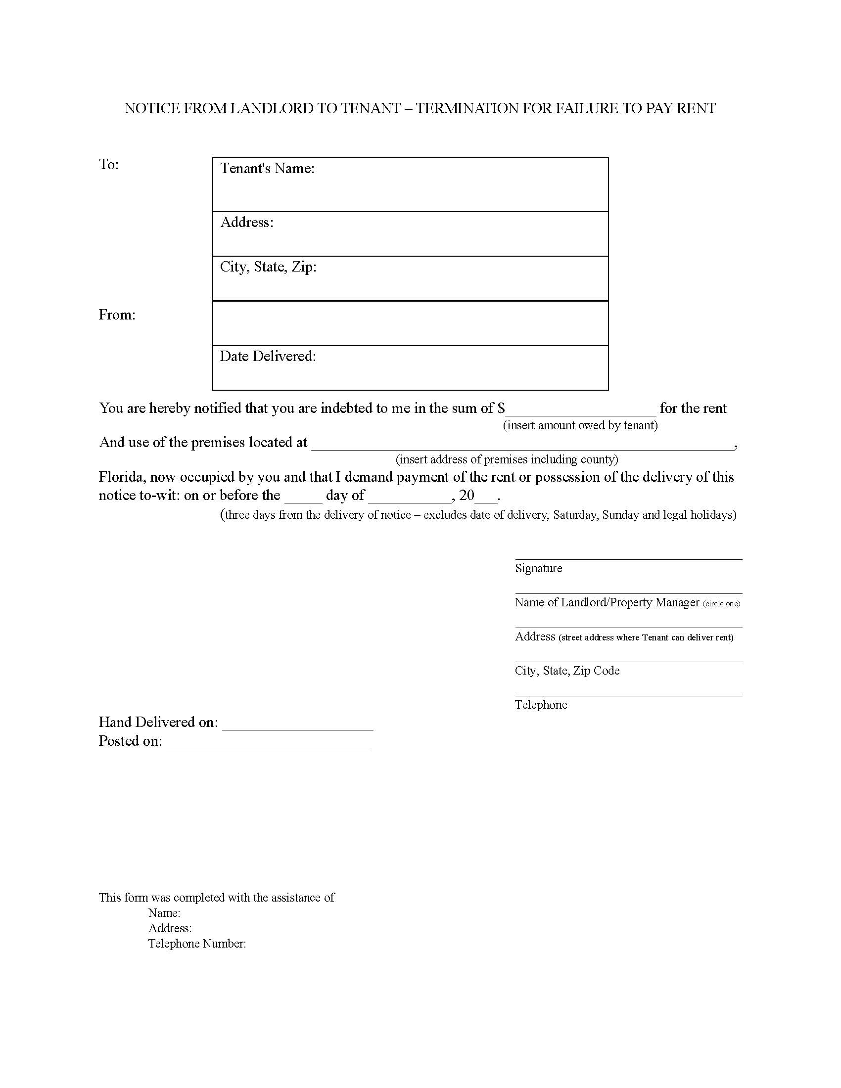 Notice From Landlord To Tenant--Termination For FailureTo Pay Rent | Pdf Fpdf Doc Docx | Florida