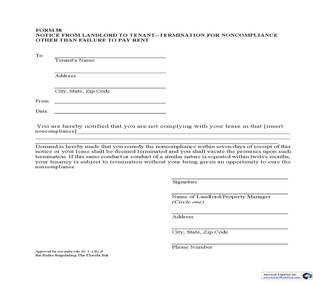 Notice From Landlord To Tenant--Termination For Noncompliance Other Than FailureTo Pay Rent {58} | Pdf Fpdf Doc Docx | Florida