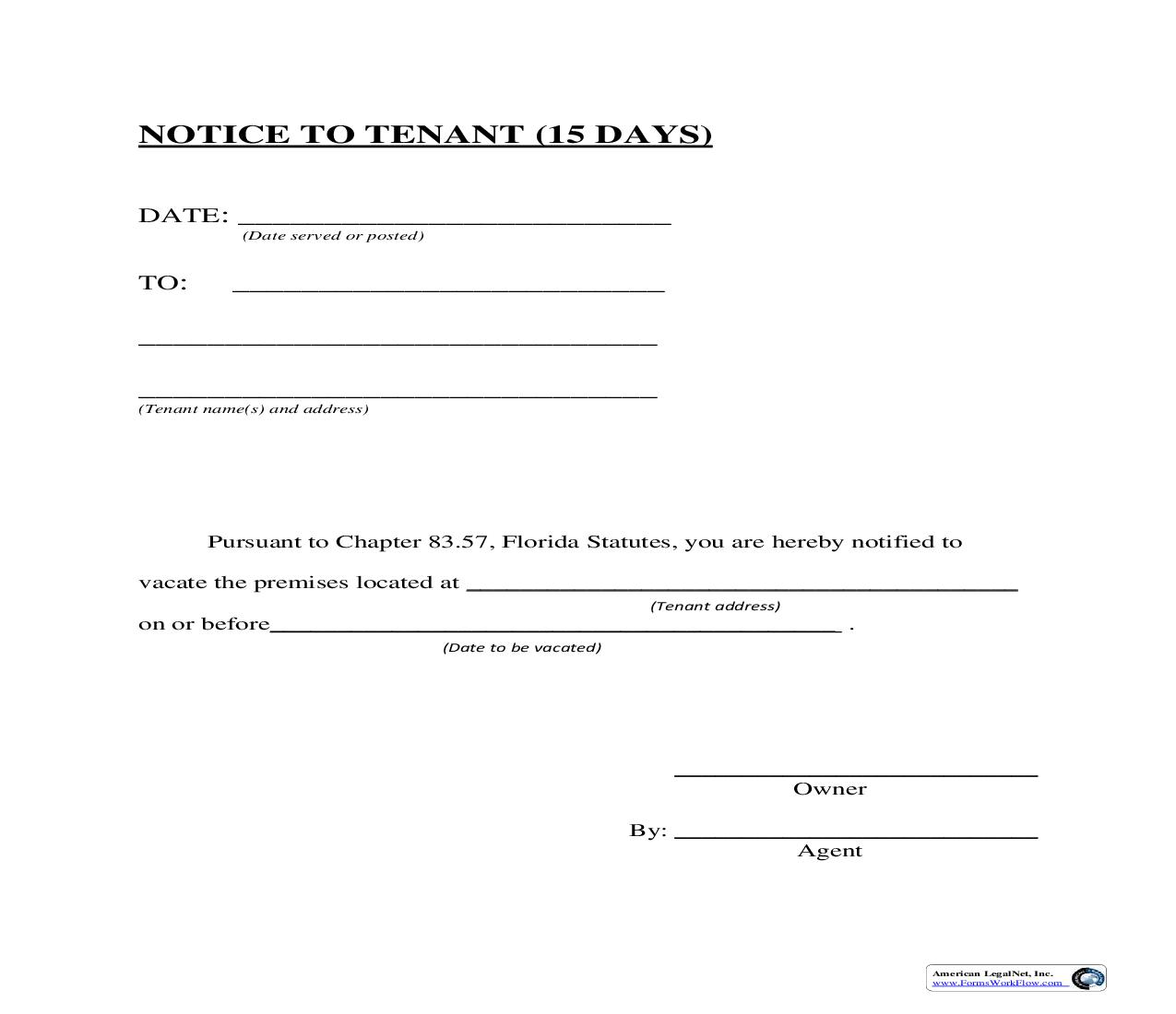 Notice To Tenant (15 Days) | Pdf Fpdf Doc Docx | Florida