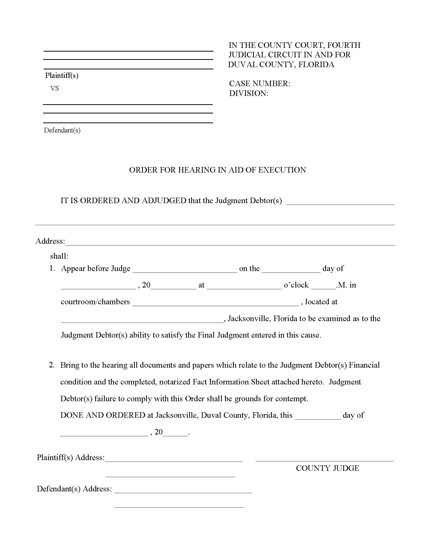 Order For Hearing In Aid Of Execution | Pdf Fpdf Docx | Florida