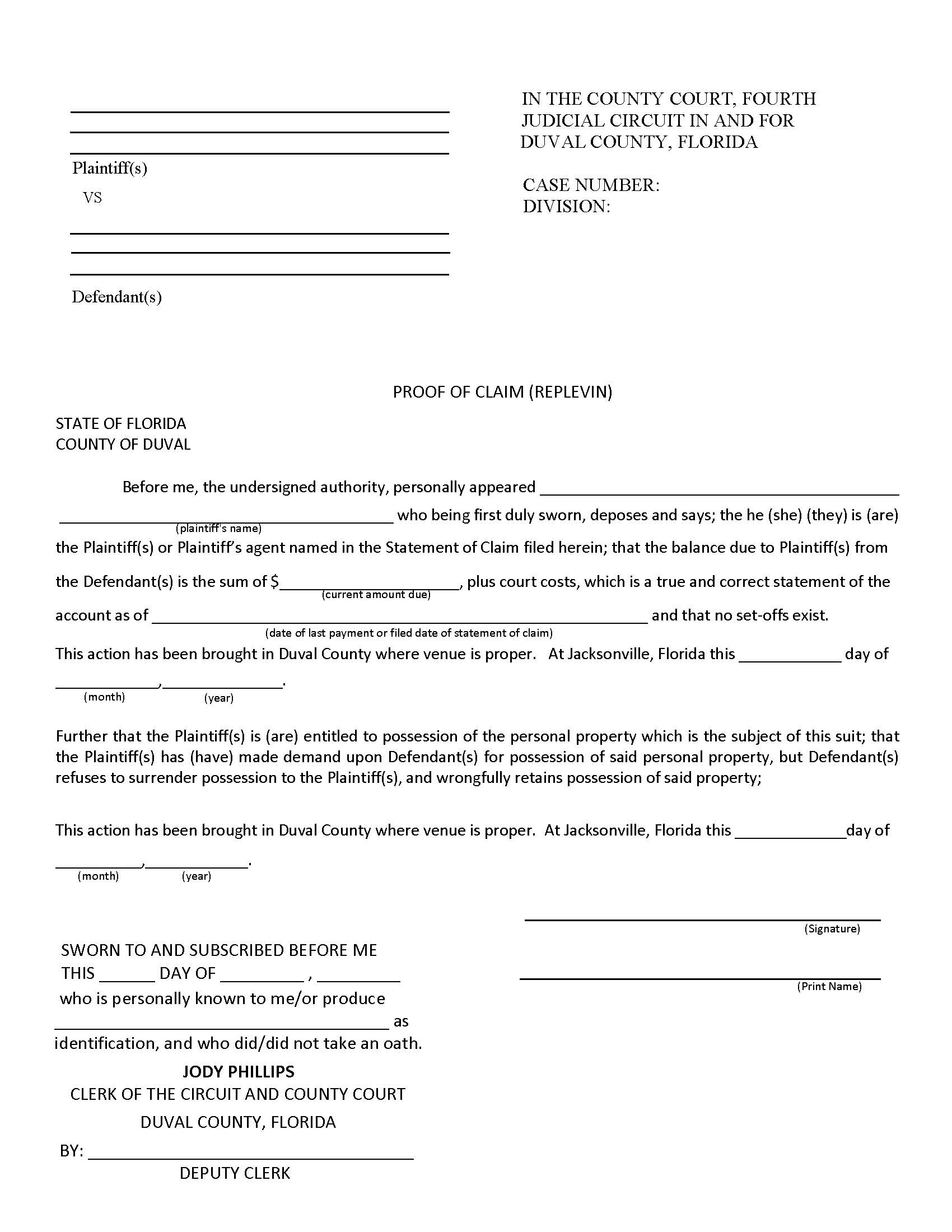 Proof Of Claim (Replevin) | Pdf Fpdf Doc Docx | Florida