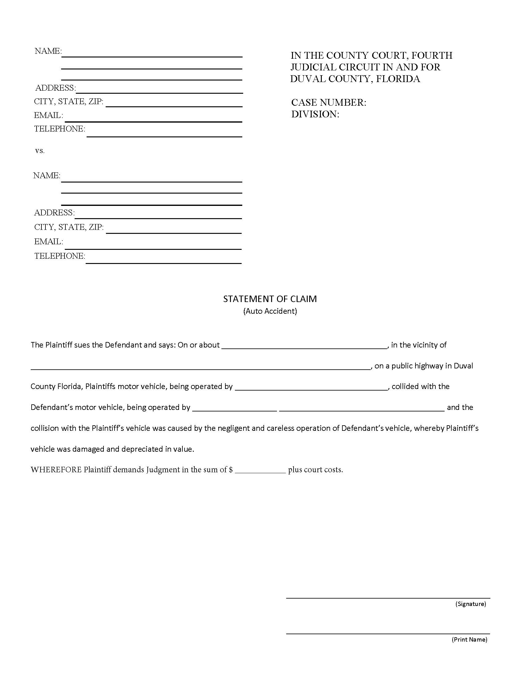 Statement Of Claim (Auto Accident) | Pdf Fpdf Doc Docx | Florida