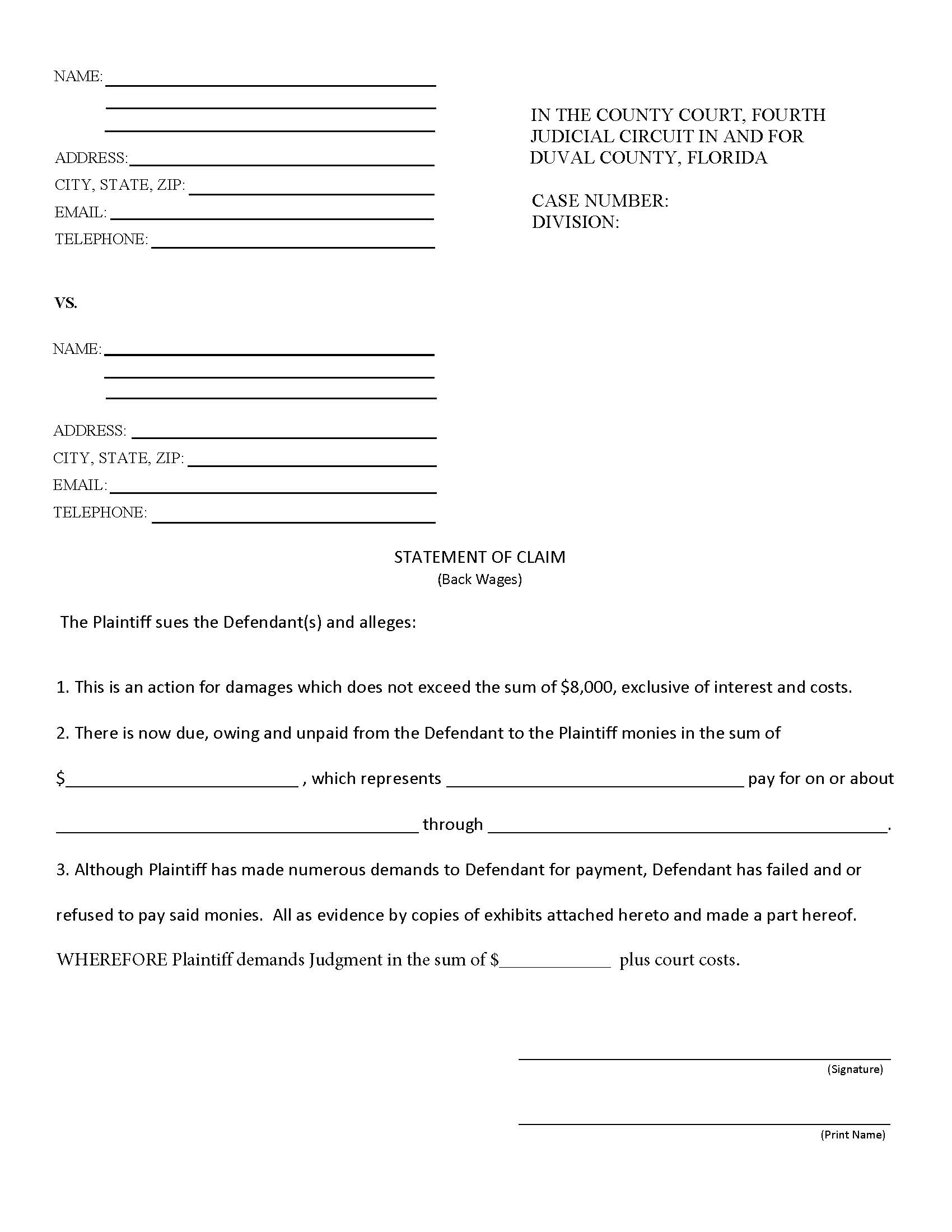Statement Of Claim (Back Wages) | Pdf Fpdf Doc Docx | Florida