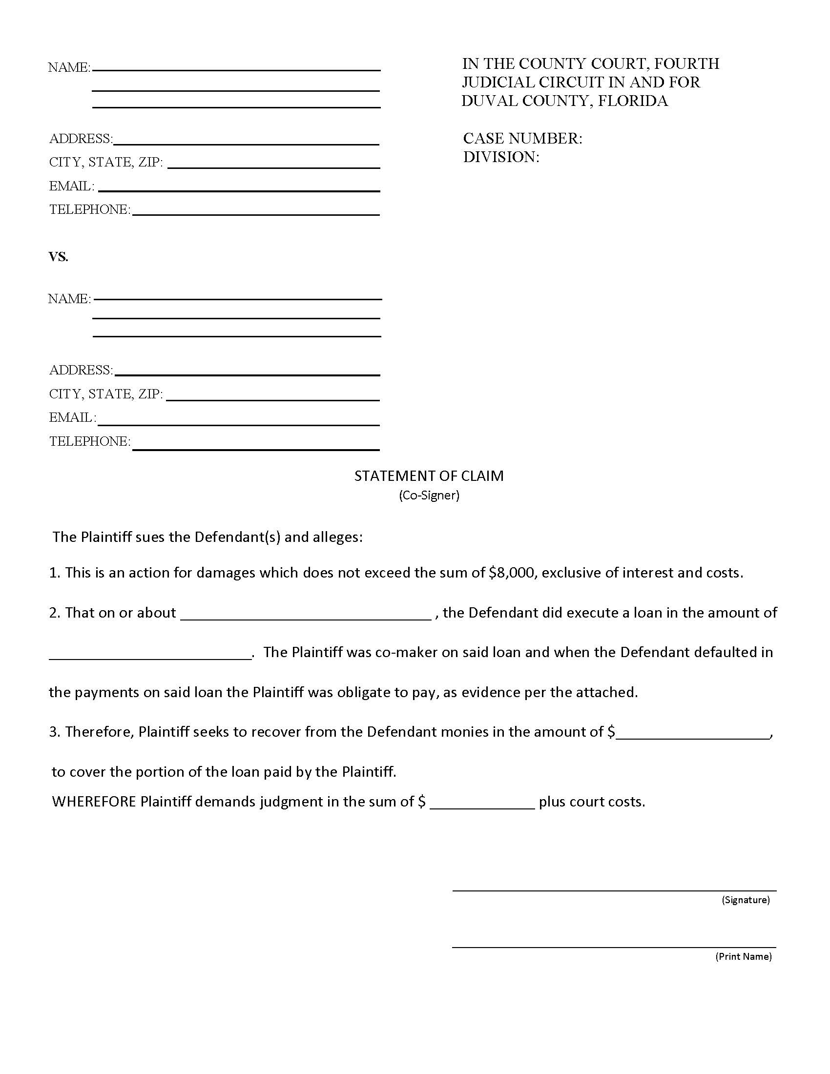 Statement Of Claim (Co-Signer) | Pdf Fpdf Doc Docx | Florida
