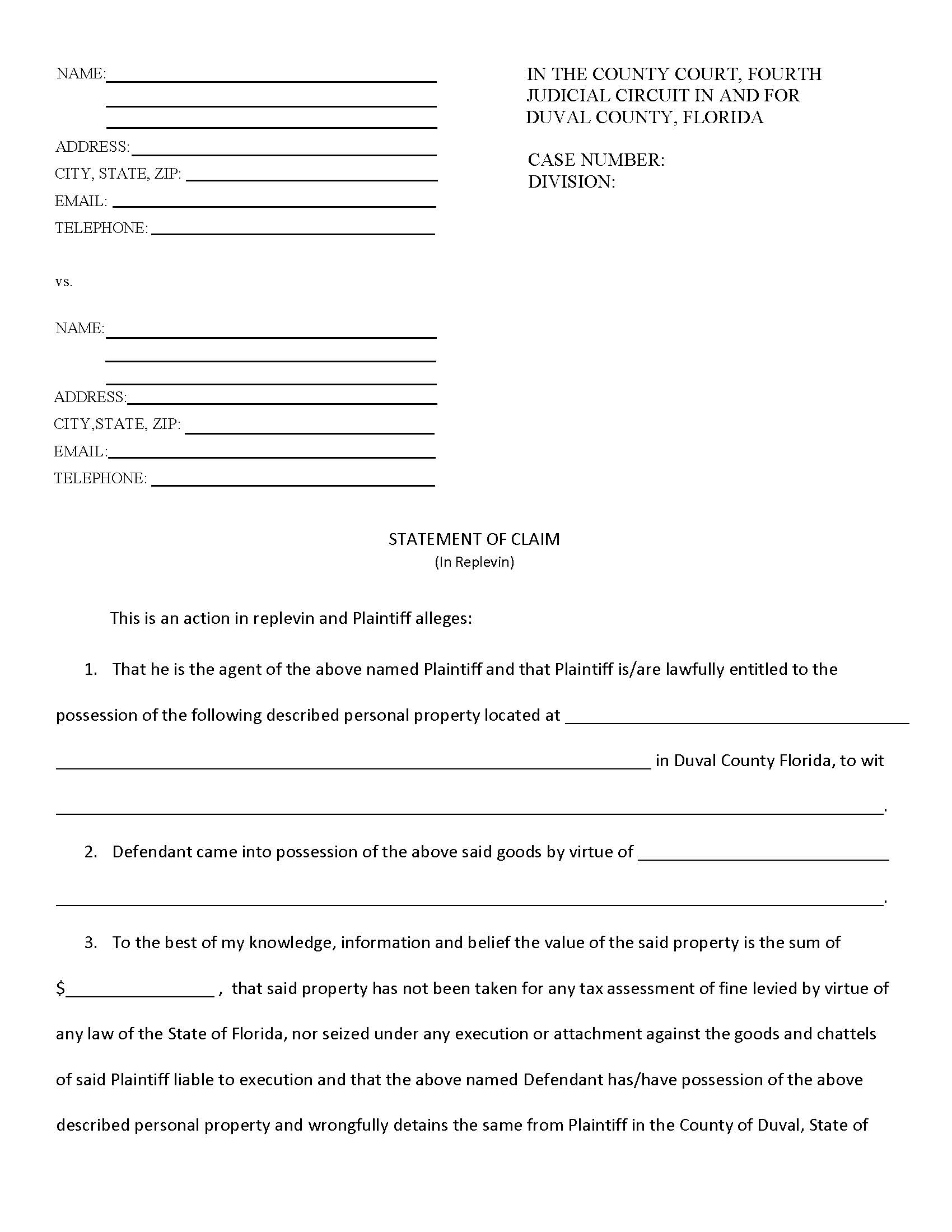 Statement Of Claim (In Replevin) | Pdf Fpdf Doc Docx | Florida