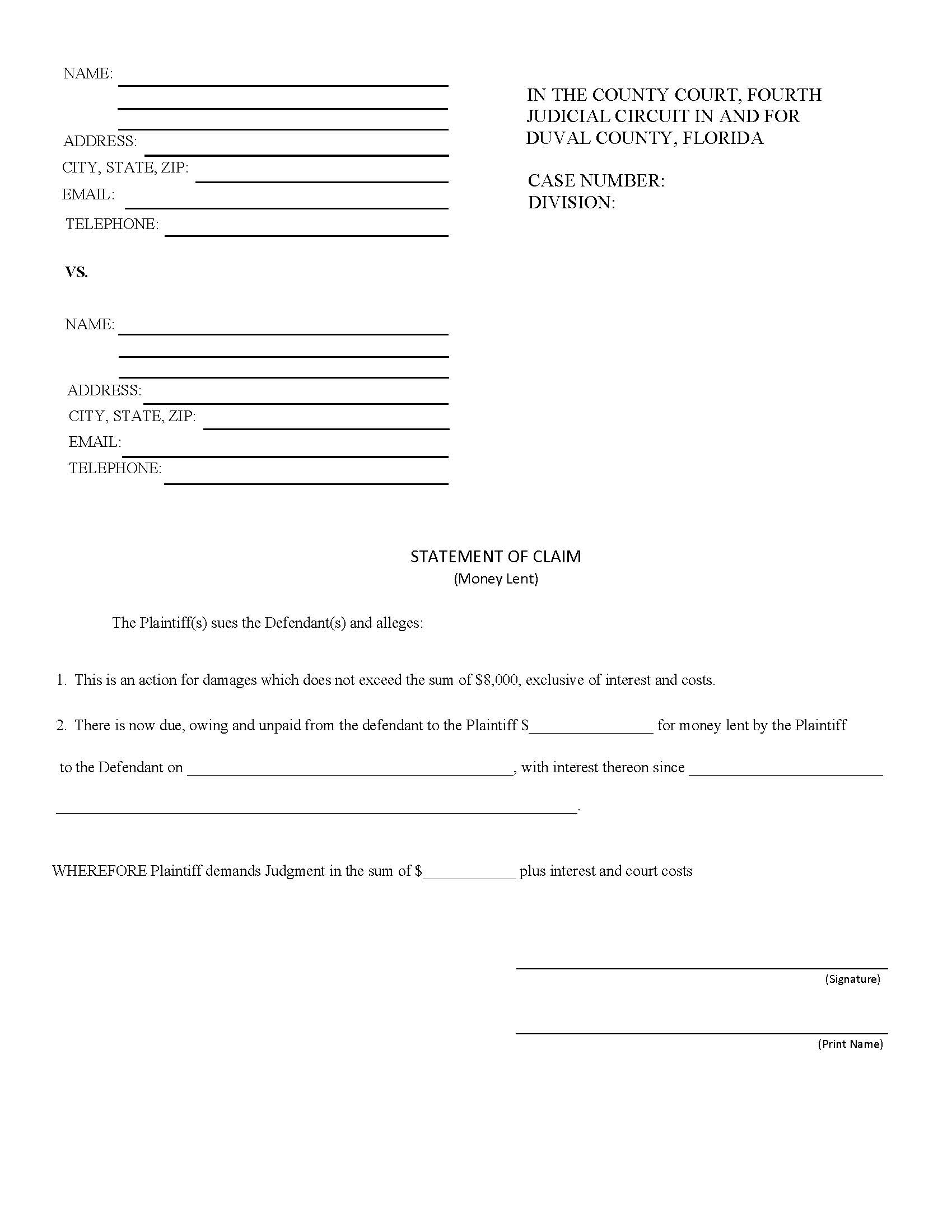 Statement Of Claim (Money Lent) | Pdf Fpdf Doc Docx | Florida