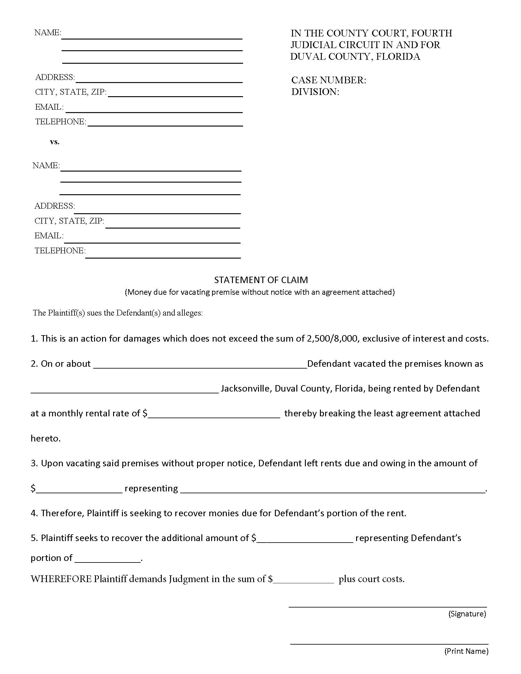 Statement Of Claim (Rental And Use Of Premises 2) | Pdf Fpdf Doc Docx | Florida