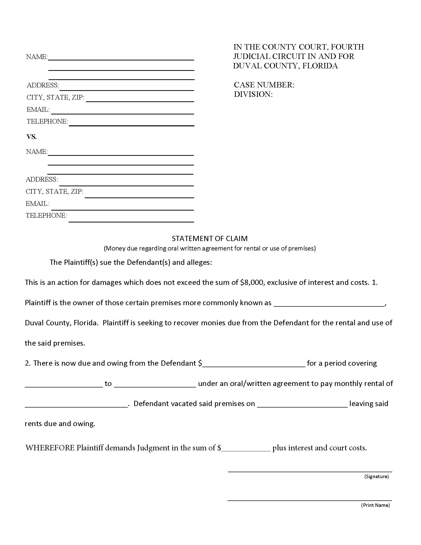 Statement Of Claim (Rental And Use Of Premises) | Pdf Fpdf Doc Docx | Florida