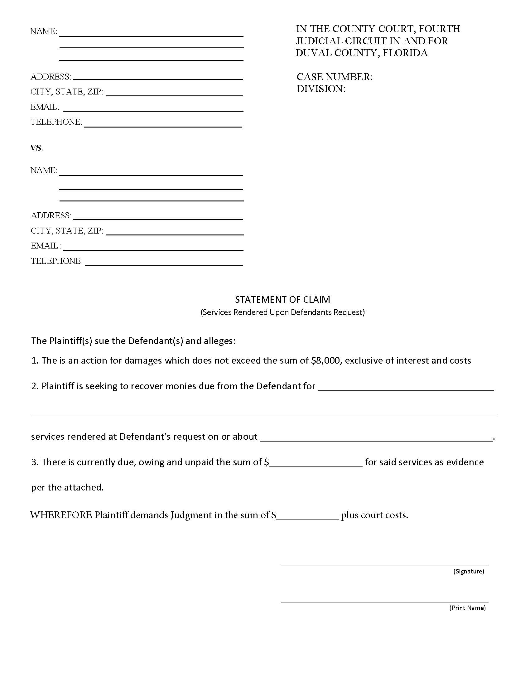 Statement Of Claim (Services Rendered Upon Defendants Request) | Pdf Fpdf Doc Docx | Florida