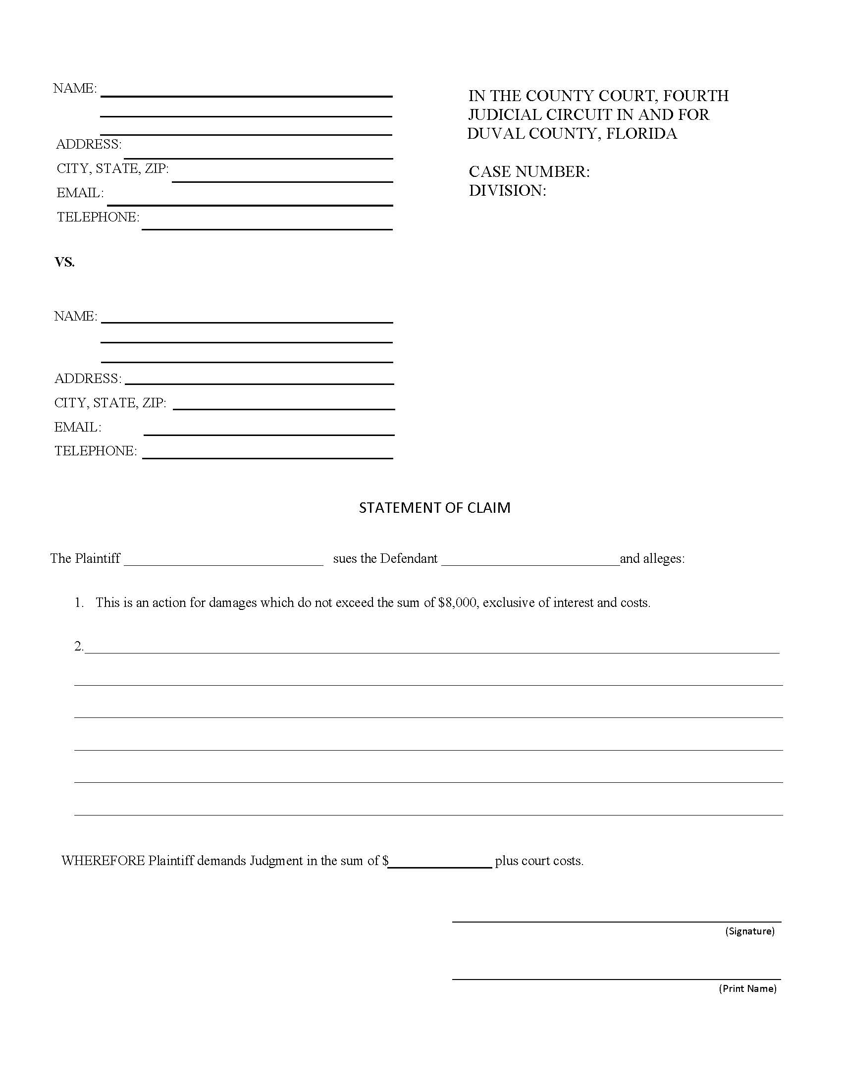 Statement Of Claim | Pdf Fpdf Doc Docx | Florida
