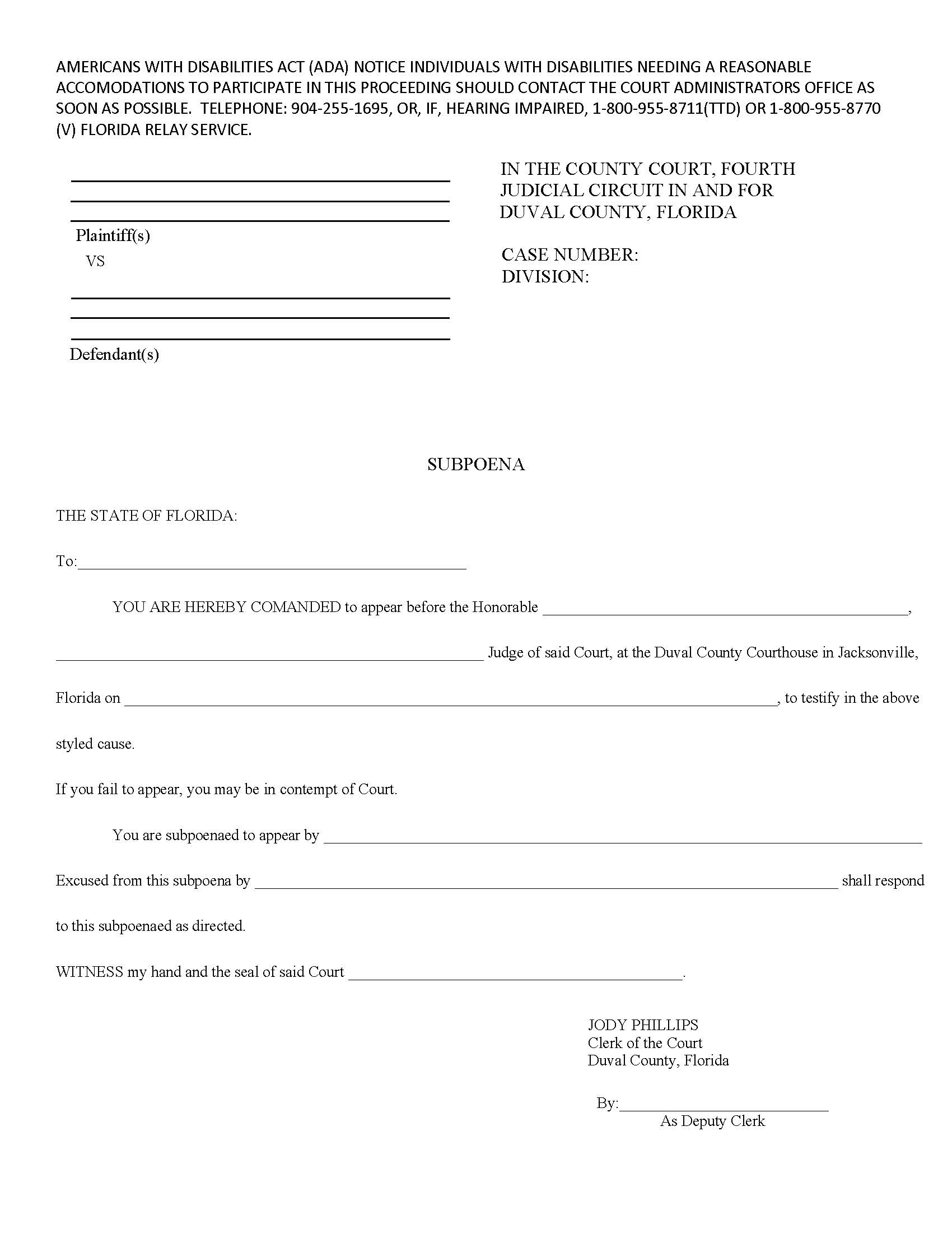 Subpoena (Witness) | Pdf Fpdf Docx | Florida