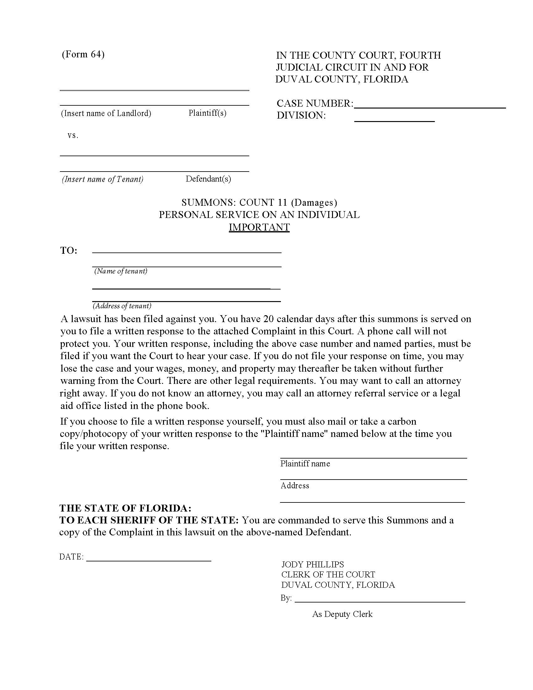 Summons Count II (Damages) Personal Service On Individual (Eviction) {64} | Pdf Fpdf Doc Docx | Florida
