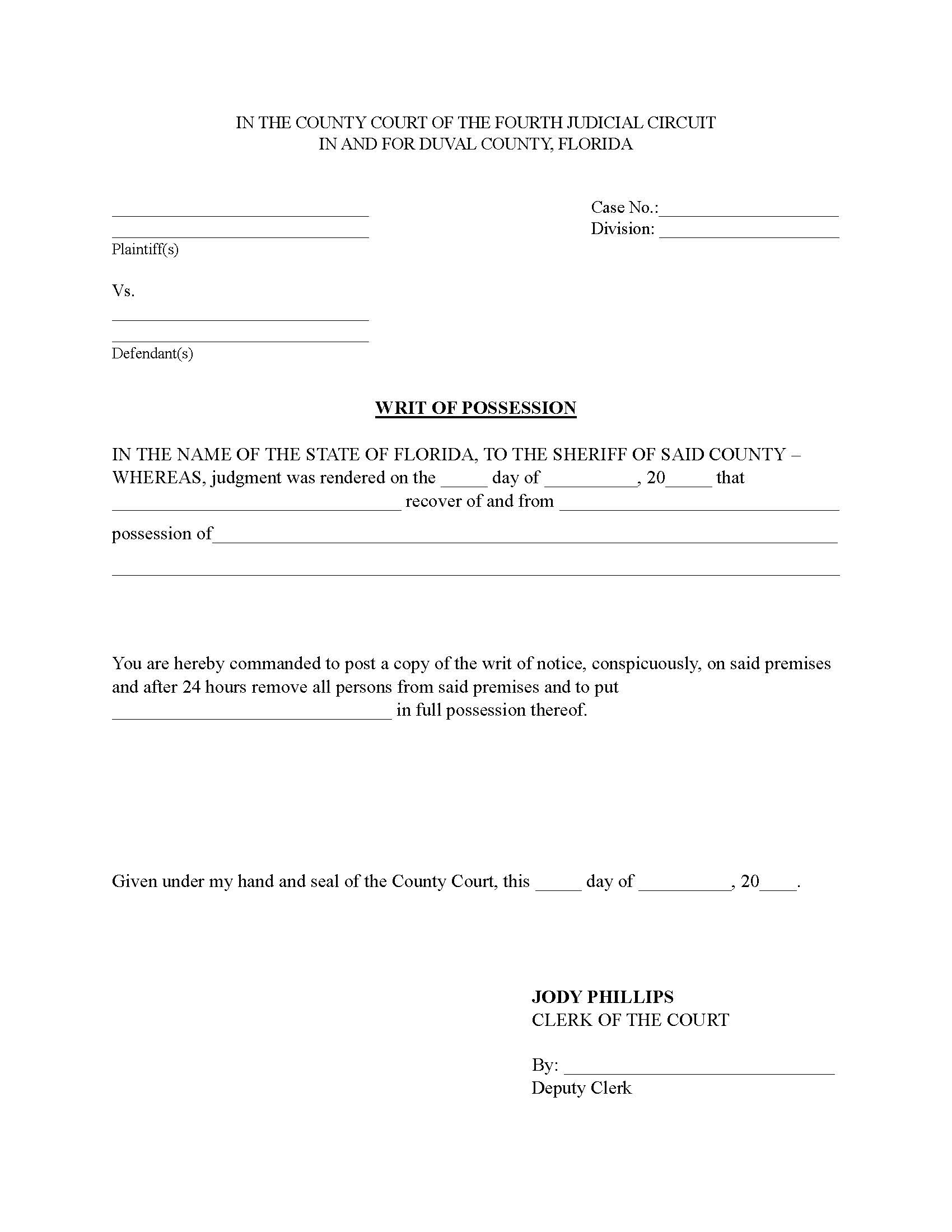 Writ Of Possession | Pdf Fpdf Docx | Florida