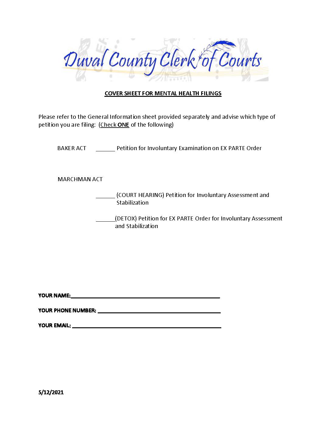 Cover Sheet For Mental Health Filings | Pdf Fpdf Docx | Florida