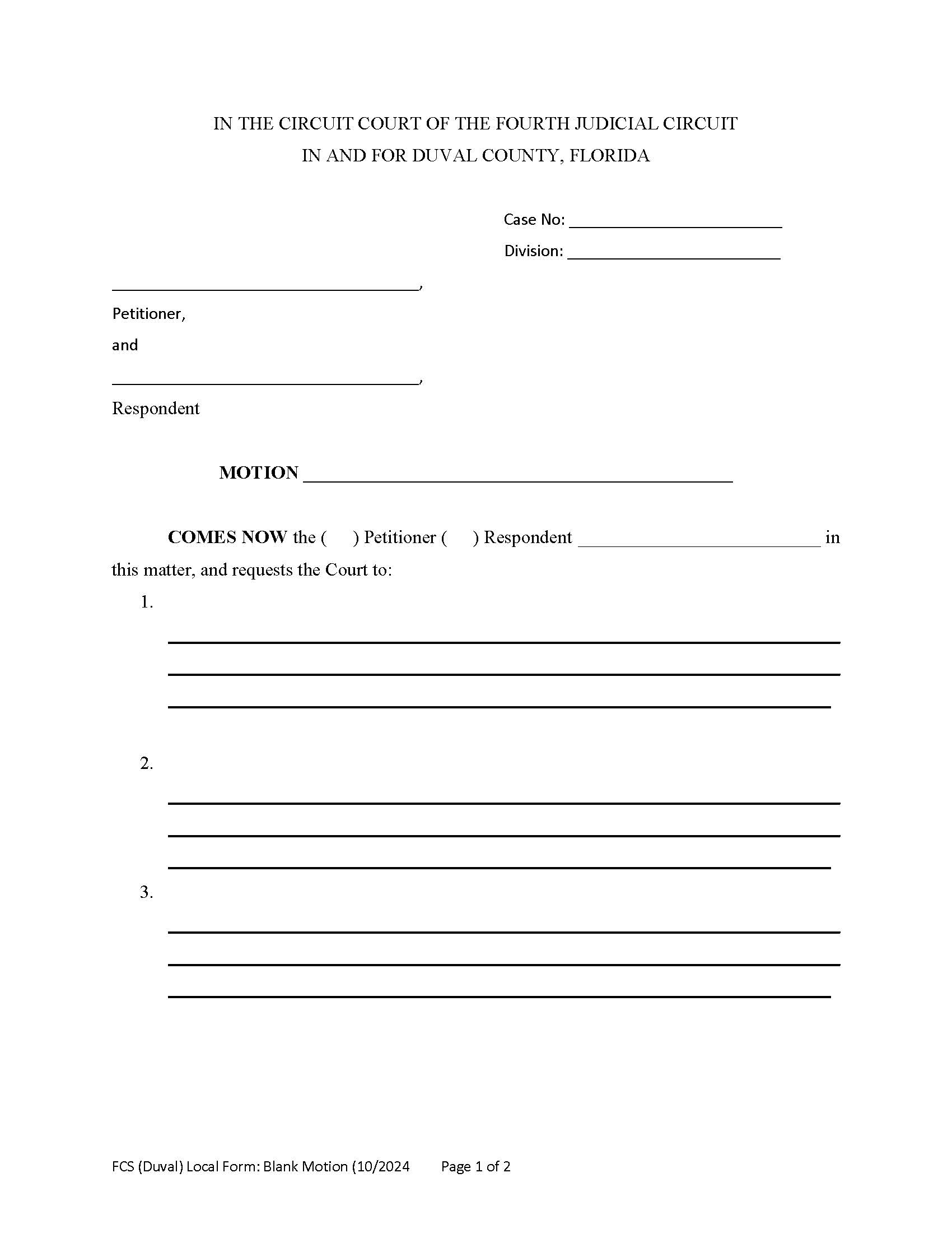 Motion (Blank - Circuit Civil) | Pdf Fpdf Doc Docx | Florida