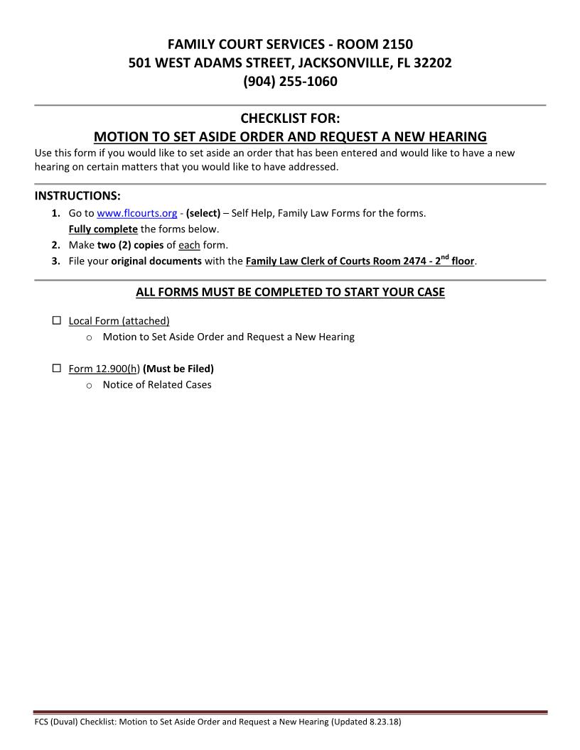 Motion To Set Aside Order Request New Hearing With Checklist | Pdf Fpdf Docx | Florida