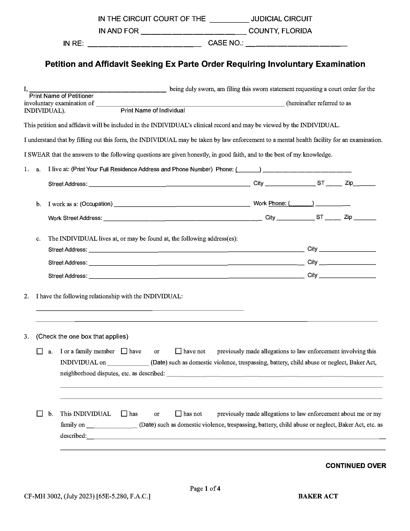 Petition Affidavit Seeking Ex Parte Order Involuntary Examination (Baker Act) | Pdf Fpdf Docx | Florida