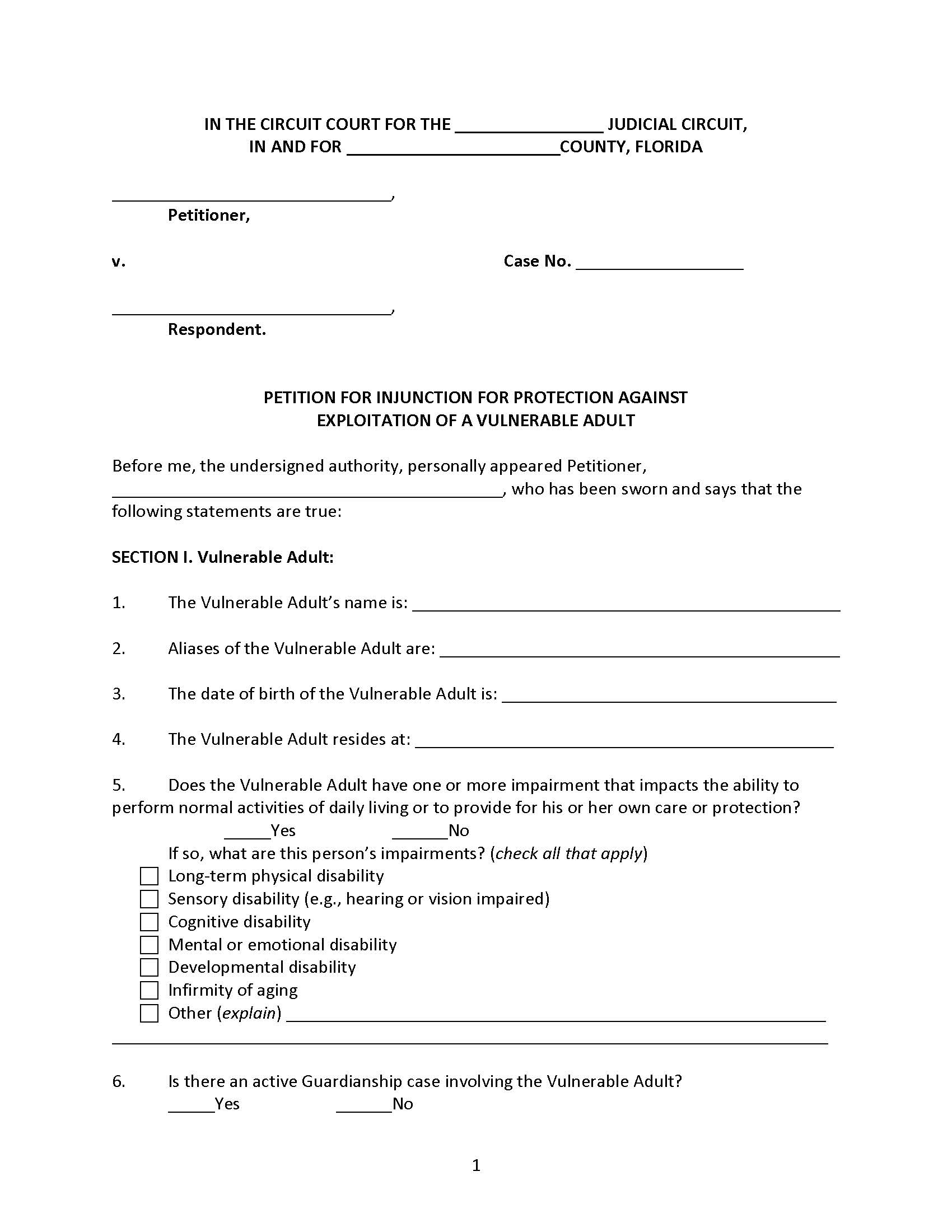 Petition For Injunction For Protection Agains Exploitation Of Vulnerable Adult | Pdf Fpdf Docx | Florida