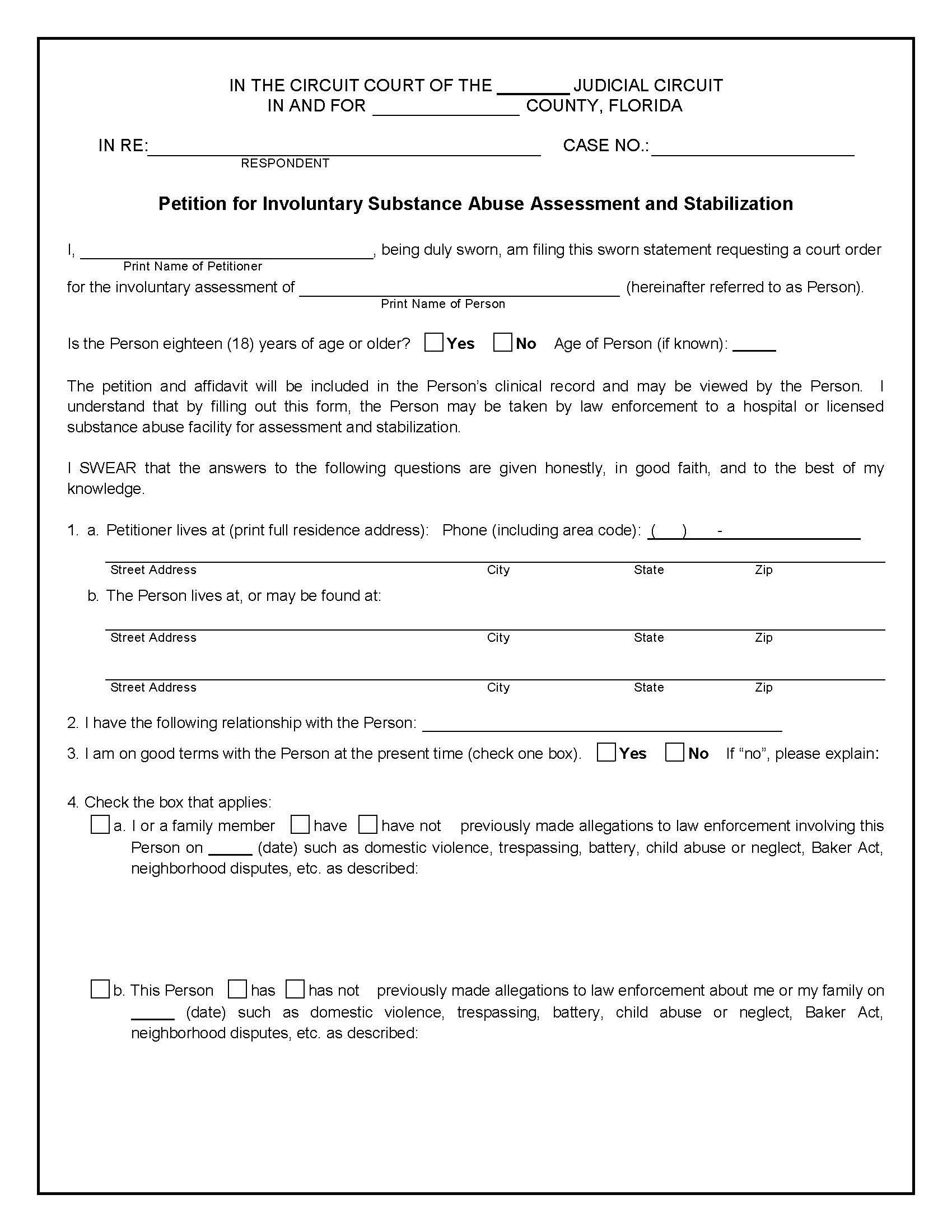 Petition For Involuntary Substance Abuse Assessment And Stabilization (Marchman Act) | Pdf Fpdf Docx | Florida