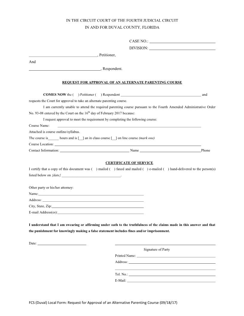 Request For Approval Of Alternative Parenting Course | Pdf Fpdf Docx | Florida