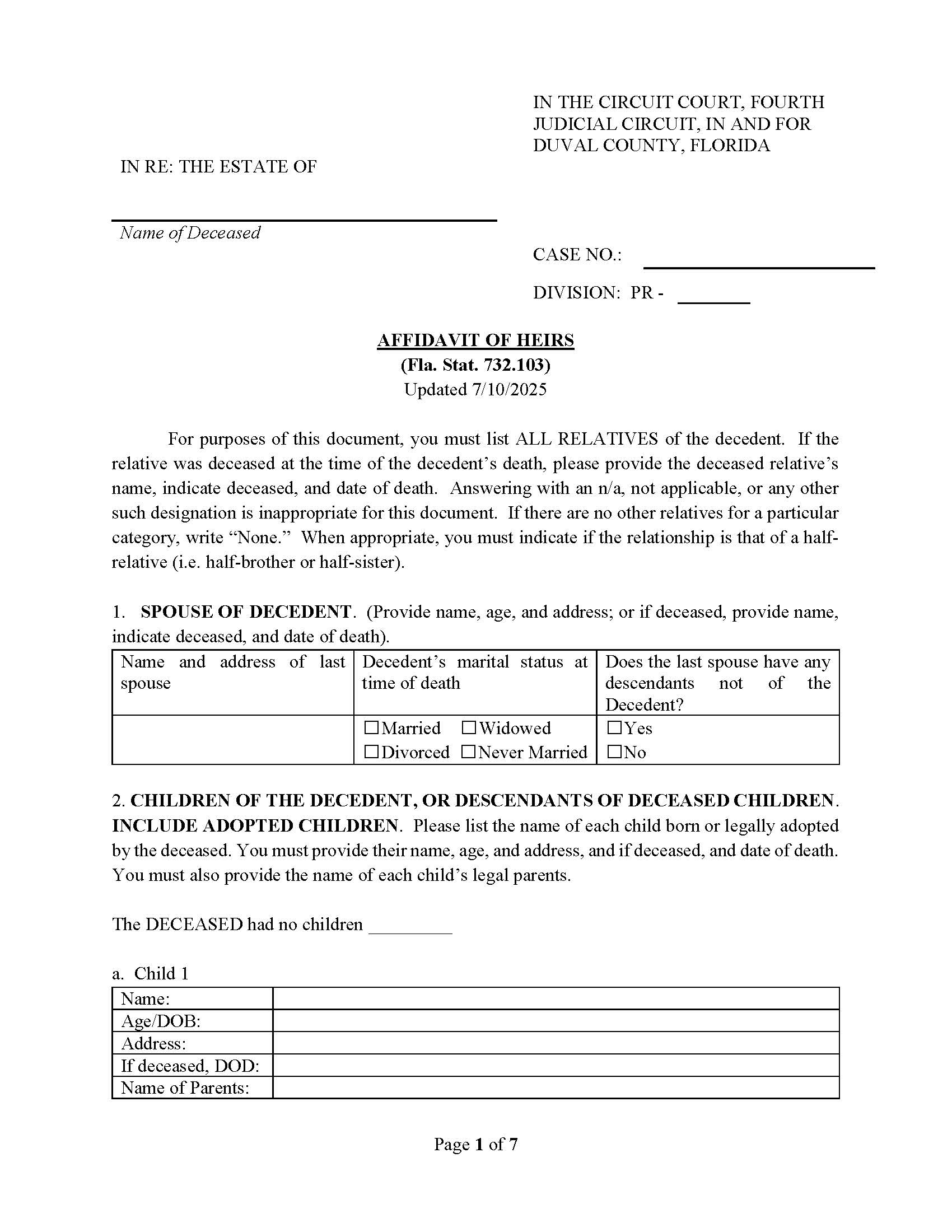 Affidavit Of Heirs | Pdf Fpdf Docx | Florida