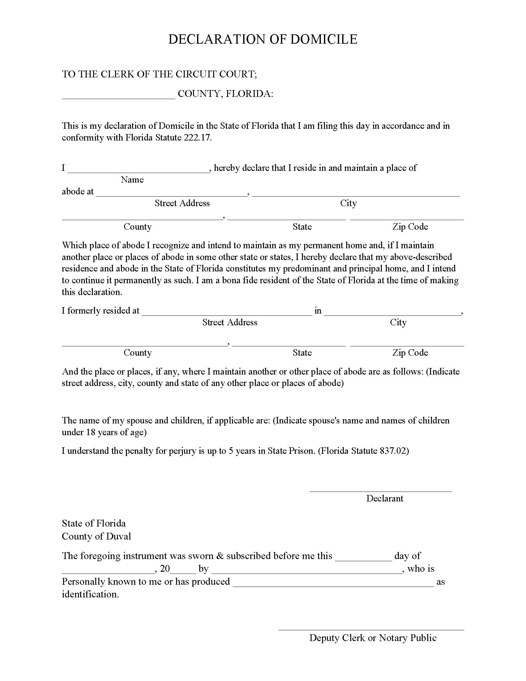 Declaration Of Domicile | Pdf Fpdf Docx | Florida