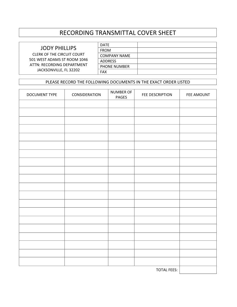 Electronic Recording Transmittal Cover Sheet | Pdf Fpdf Docx | Florida
