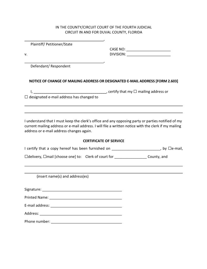 Notice Of Change Of Address Or Designated Email Address {2.603} | Pdf Fpdf Docx | Florida