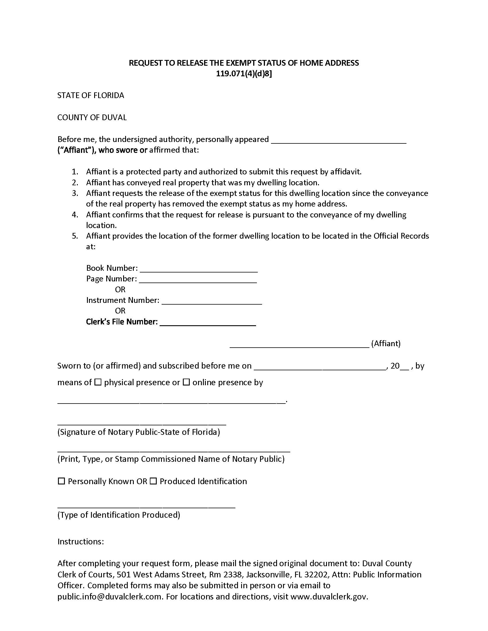 Request To Release Exempt Status Of Home Address | Pdf Fpdf Docx | Florida