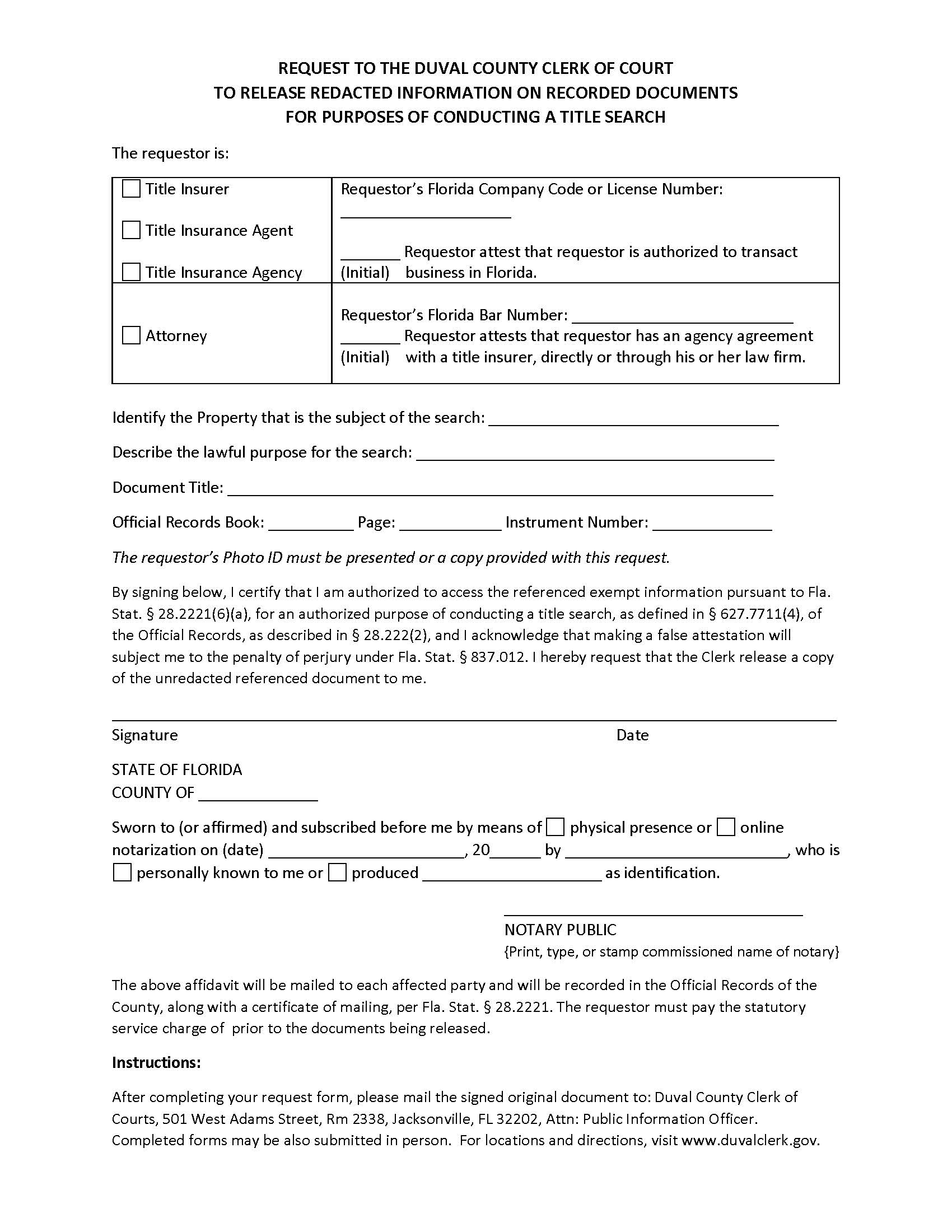 Request To Release Redacted Information On Recorded Documents Title Search | Pdf Fpdf Docx | Florida