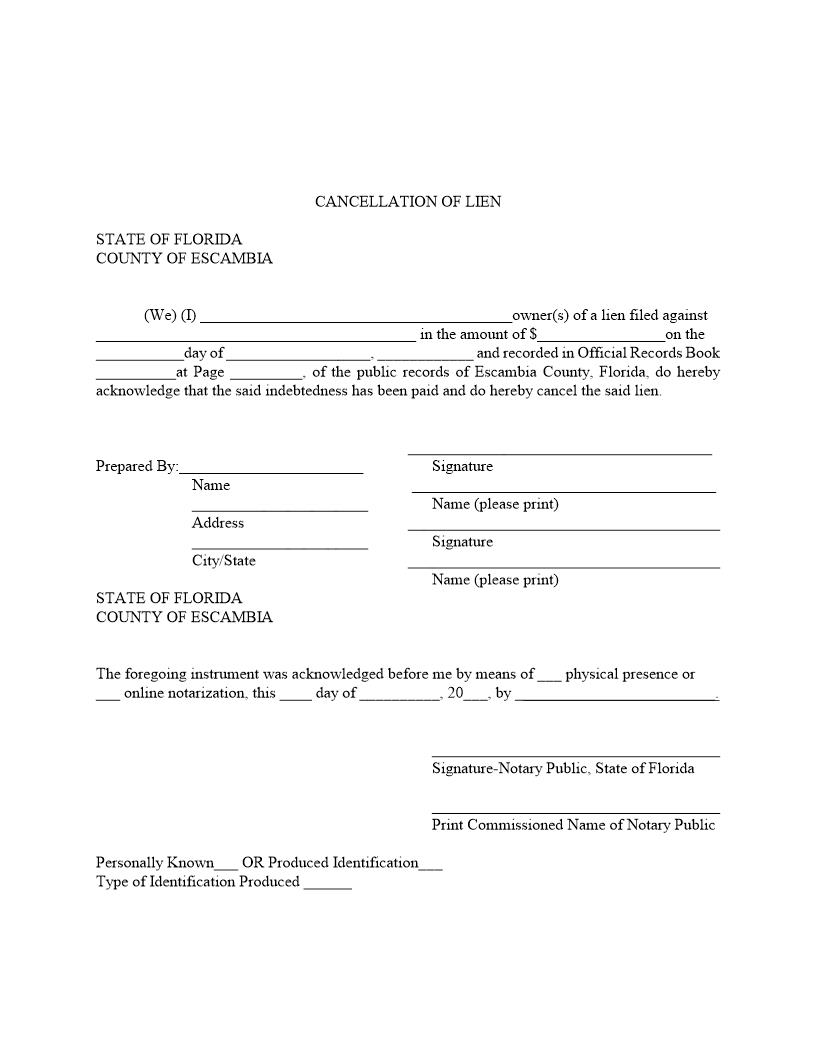 Cancellation Of Lien | Pdf Fpdf Docx | Florida