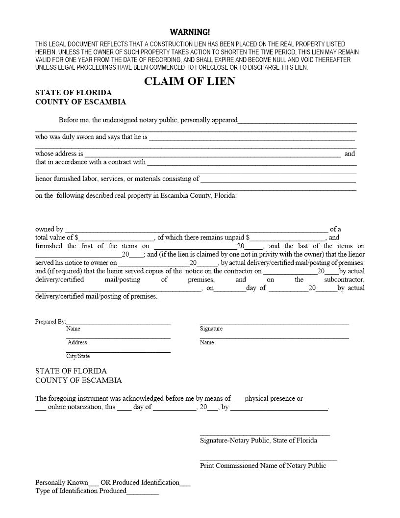 Claim Of Lien | Pdf Fpdf Docx | Florida