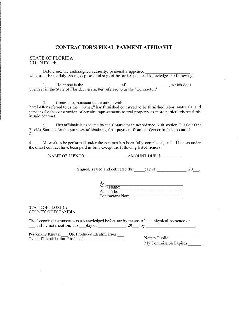 Contractors Final Payment Affidavit | Pdf Fpdf Docx | Florida