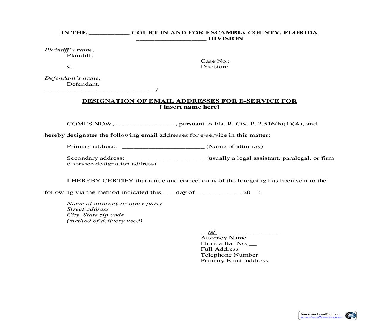 Designation Of Email Addresses For E-Service | Pdf Fpdf Doc Docx | Florida