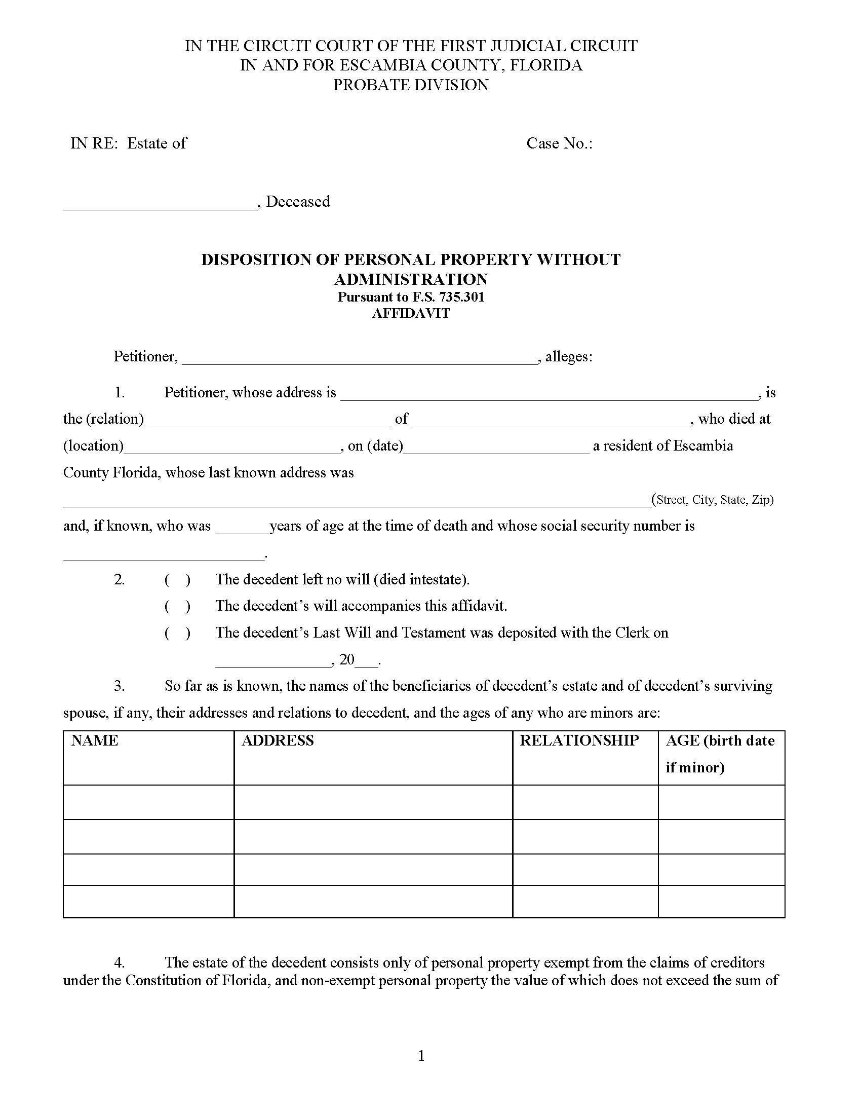 Disposition Of Personal Property Without Administration {ESC DPPWOA} | Pdf Fpdf Docx | Florida
