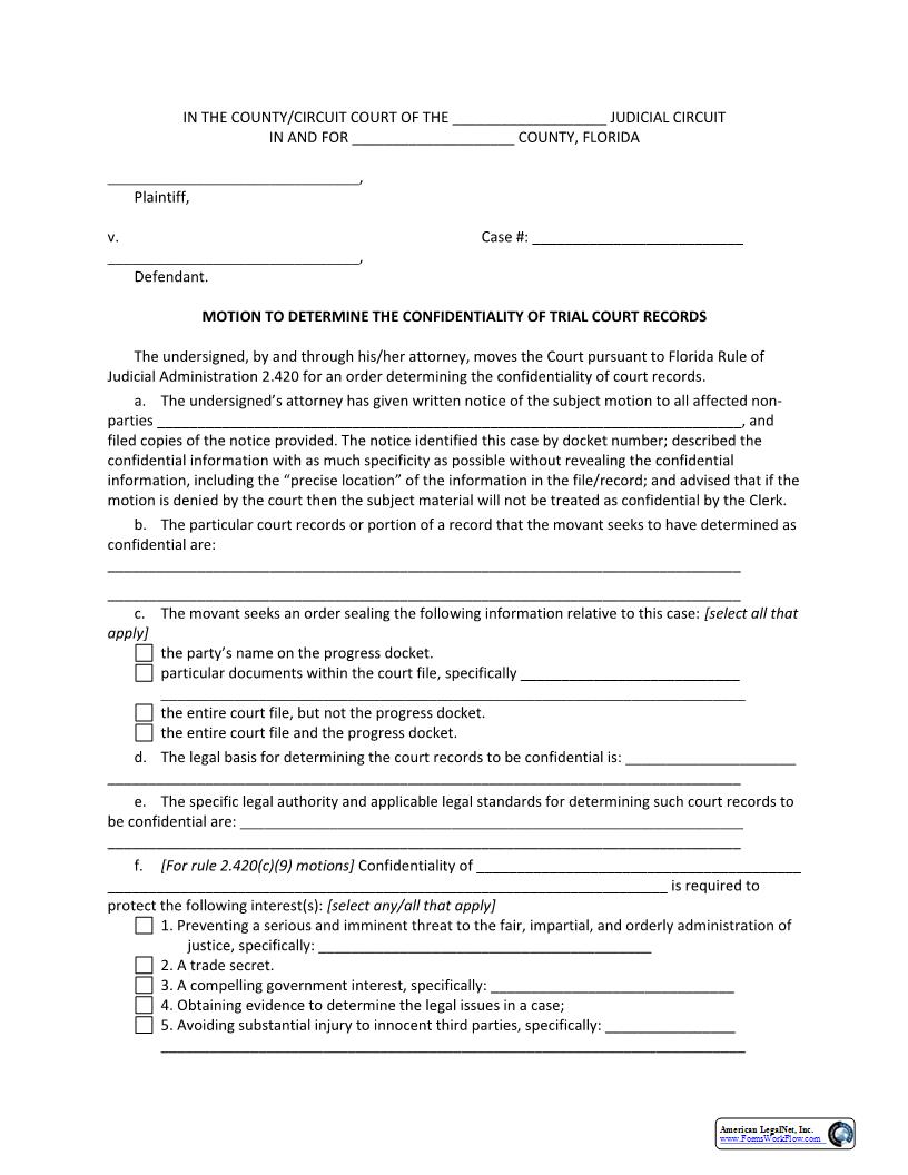 Motion To Determine Confidentiality Of Court Records | Pdf Fpdf Docx | Florida