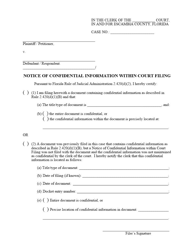 Notice Of Confidential Information Within Court Filing | Pdf Fpdf Docx | Florida