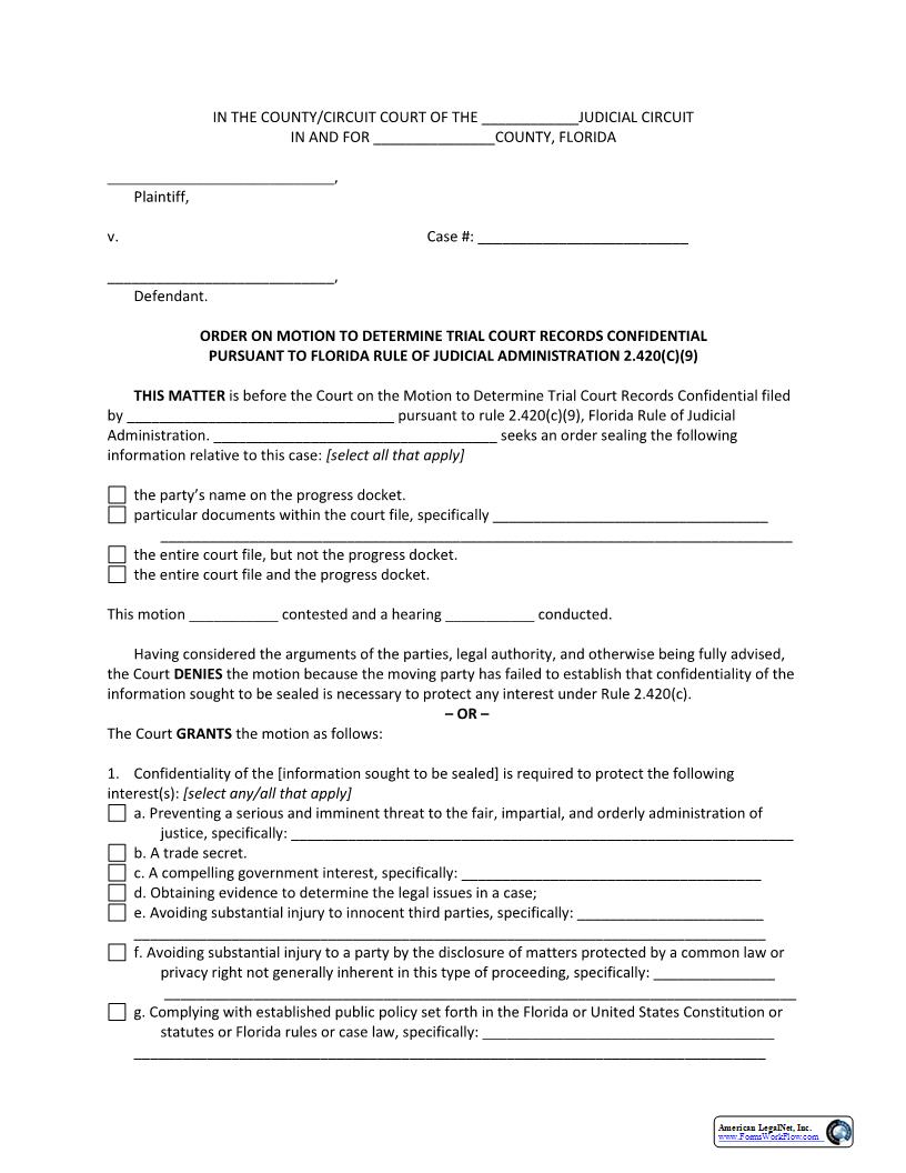 Order On Motion To Determine Confidentiality Of Court Records | Pdf Fpdf Docx | Florida