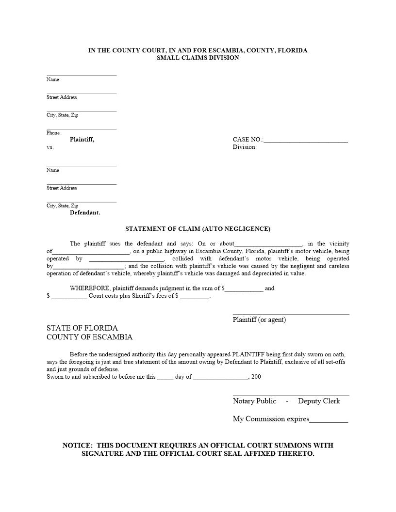 Statement Of Claim (Auto Negligence) | Pdf Fpdf Docx | Florida