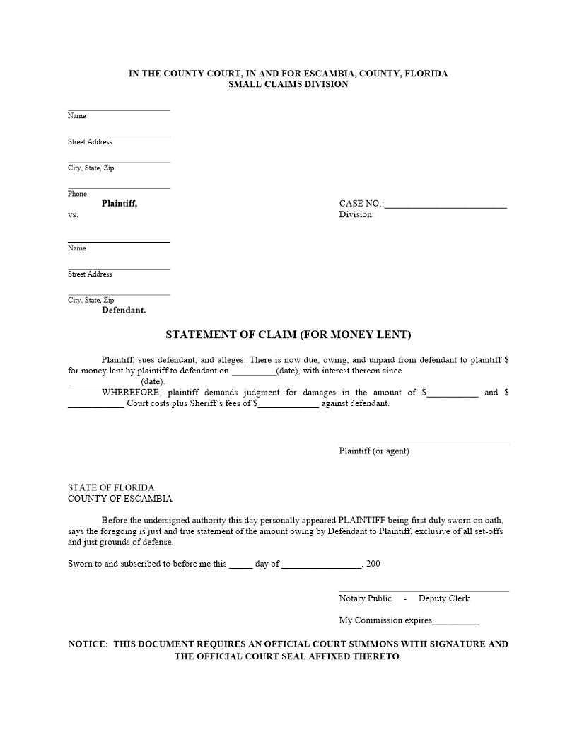 Statement Of Claim (For Money Lent) | Pdf Fpdf Docx | Florida