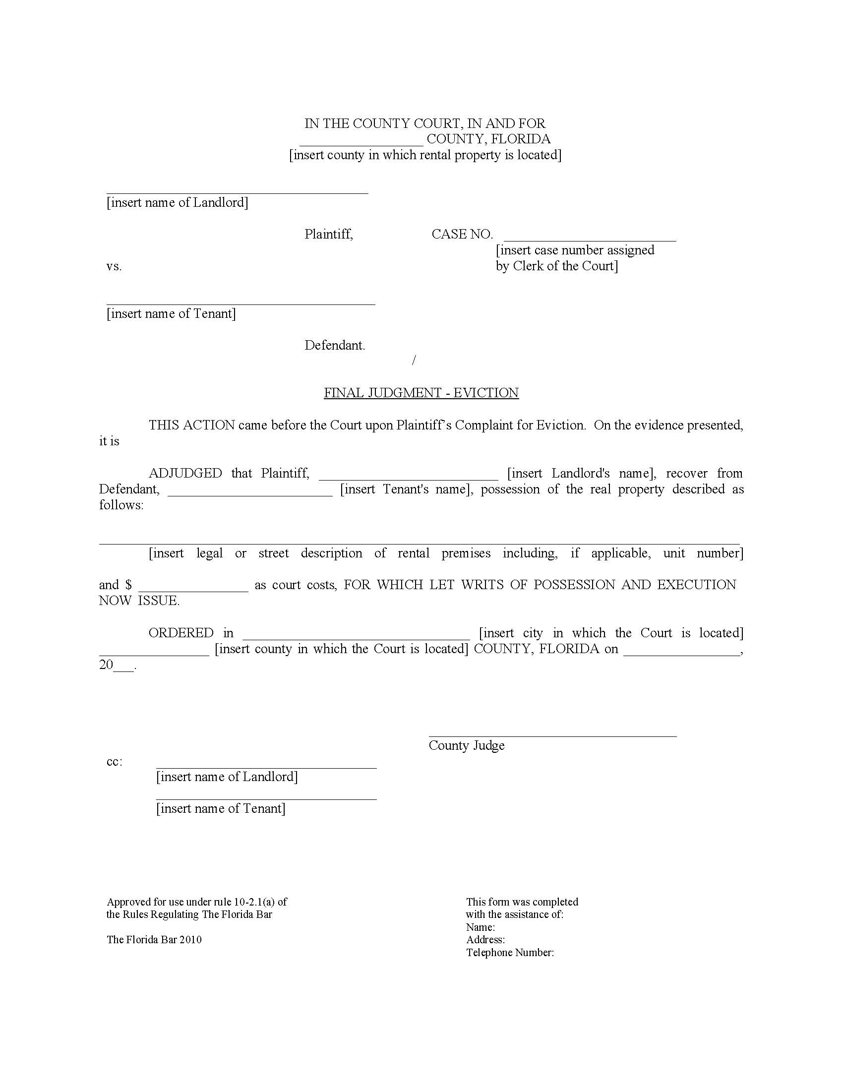 Final Judgment For Possession | Pdf Fpdf Docx | Florida