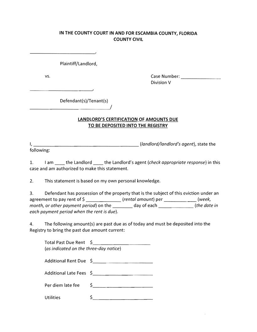 Landlords Certification Of Amounts Due To Be Deposited Into Registry | Pdf Fpdf Docx | Florida
