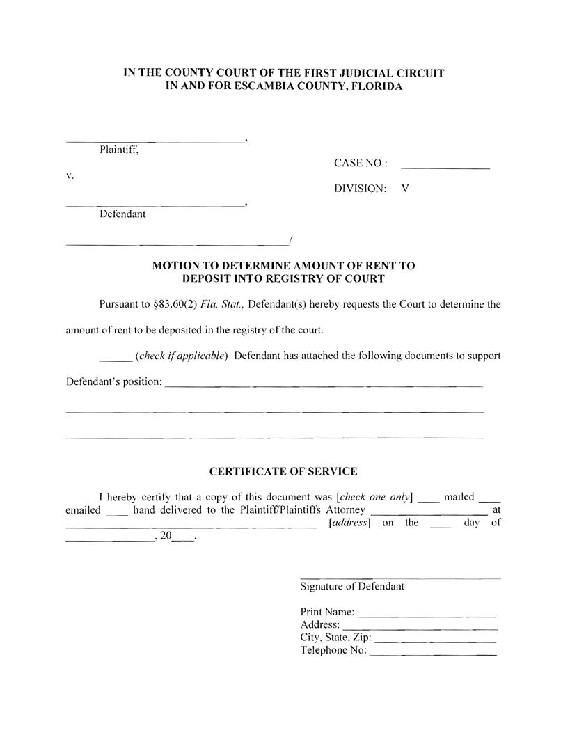 Motion To Determine Rent To Deposit Into Court Registry | Pdf Fpdf Docx | Florida
