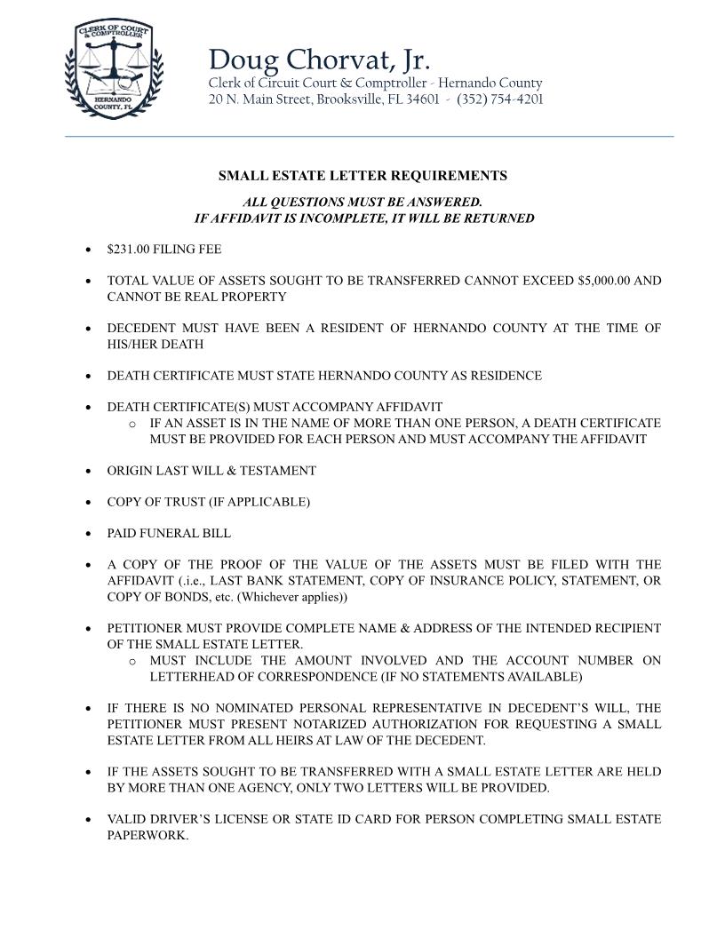Affidavit (Small Estate Letter) | Pdf Fpdf Docx | Florida