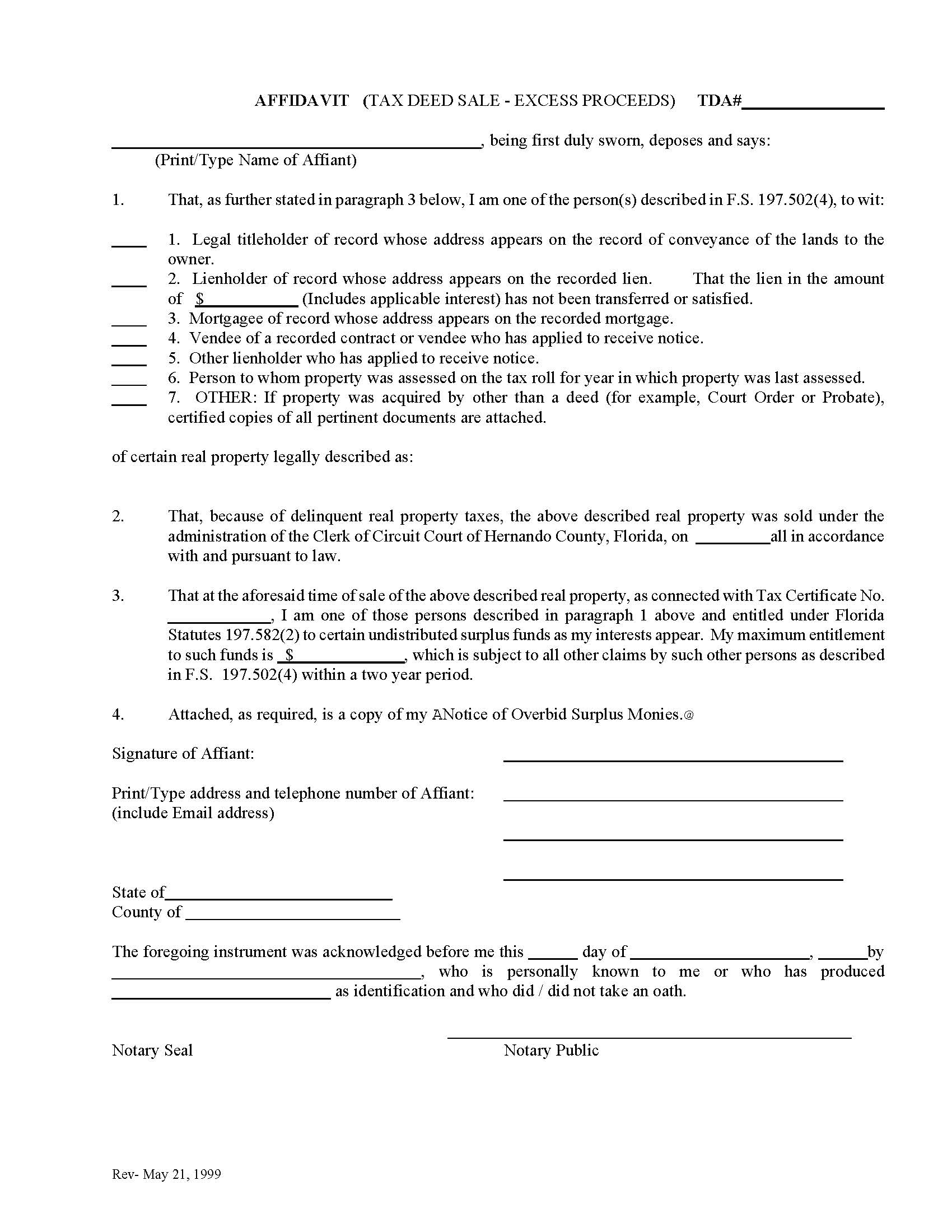 Affidavit (Tax Deed Sale - Excess Proceeds) | Pdf Fpdf Docx | Florida